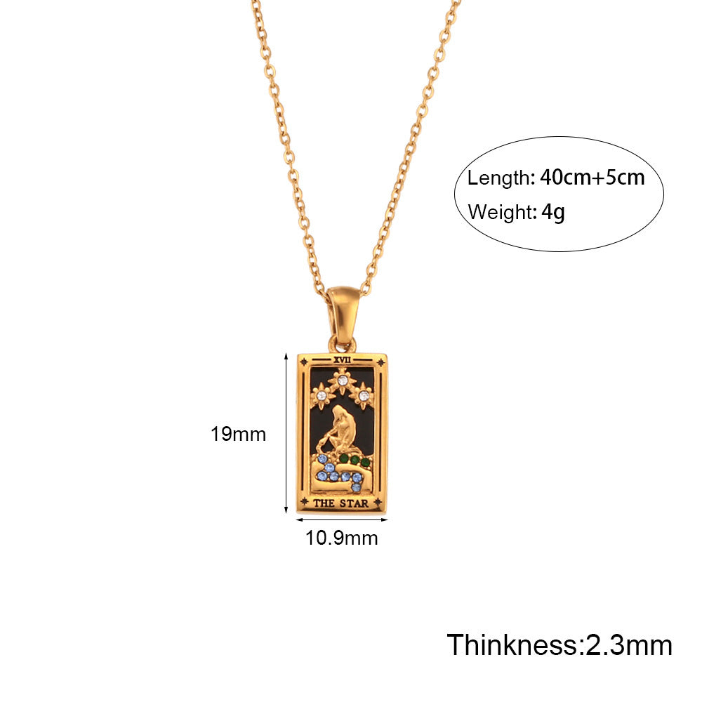 Fashion Tarot Necklace With Rhinestones Diamond Set Pendant Stainless Steel Rectangular Drip Necklace Jewelry