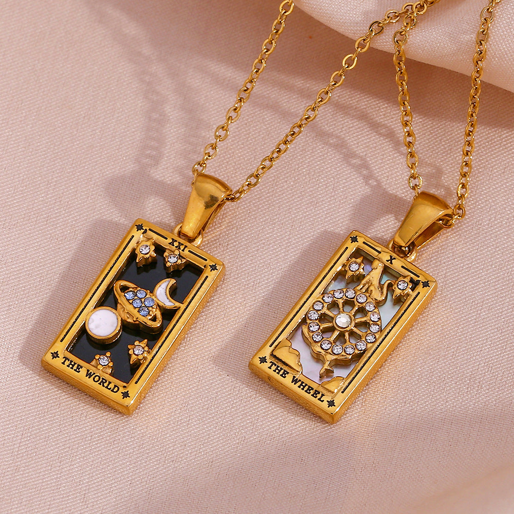 Fashion Tarot Necklace With Rhinestones Diamond Set Pendant Stainless Steel Rectangular Drip Necklace Jewelry