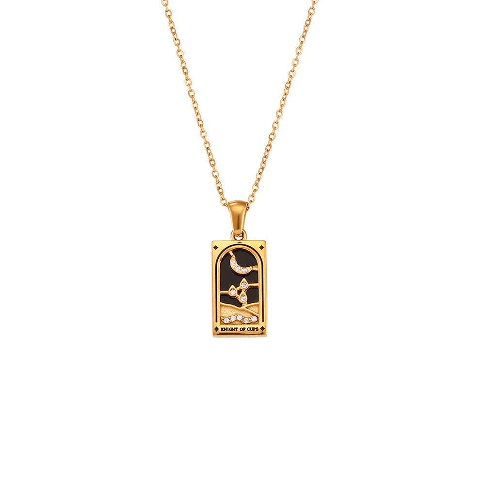 Fashion Tarot Necklace With Rhinestones Diamond Set Pendant Stainless Steel Rectangular Drip Necklace Jewelry